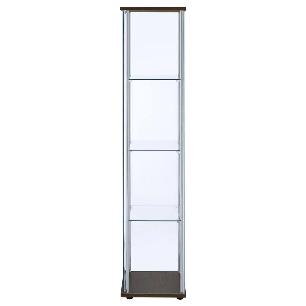 Transitional Cappuccino and Chrome Lighted Curio Cabinet with Glass Shelves