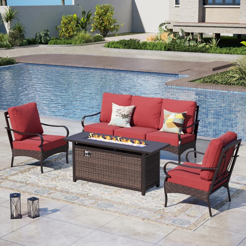 Brown Rattan 4-Piece Metal Outdoor Patio Conversation Set with Red Cushions and Fire Pit Table price history on PriceWatchPro