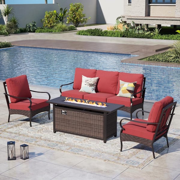 PHI VILLA Brown Rattan 4-Piece Metal Outdoor Patio Conversation Set with Red Cushions and Fire Pit Table