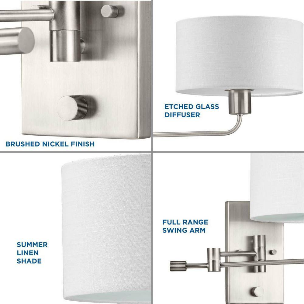 Brushed Nickel Swing Arm Wall Sconce with Linen Shade