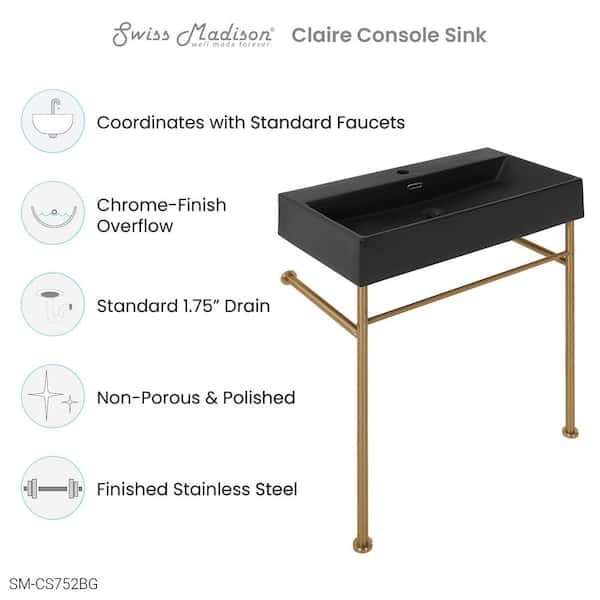 Claire 30 in. Ceramic Console Sink Basin in Matte Black with Brushed Gold Legs