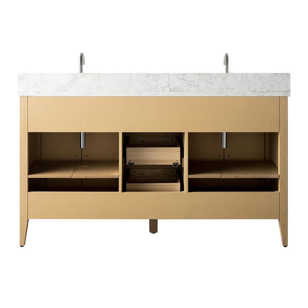 60" Natural Oak Double Sink Freestanding Bathroom Vanity with Engineered Marble Top