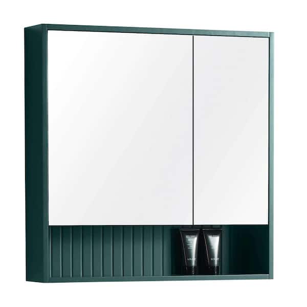 FINE FIXTURES Venezian 28 in. W x 29.5 in. H Small Rectangular Green wooden Surface Mount Medicine Cabinet with Mirror