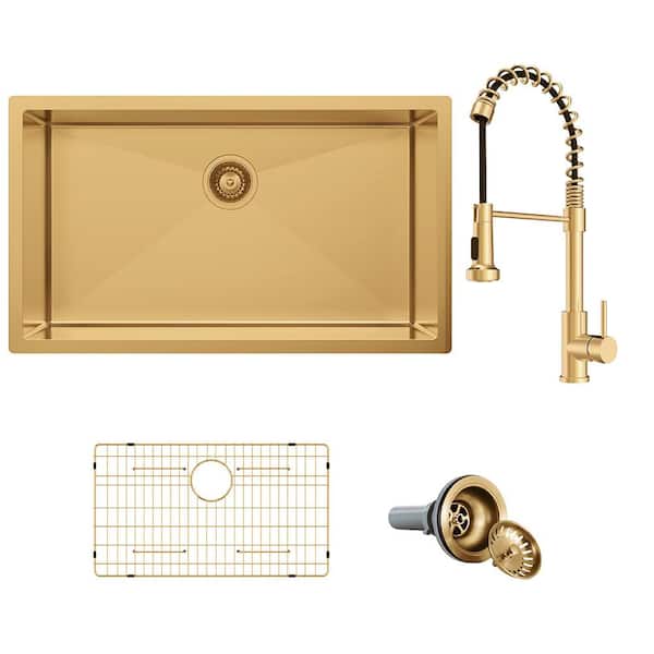 32 in. Undermount Single Bowl 18-Gauge Gold Stainless Steel Kitchen Sink with Spring Neck Faucet and Accessories