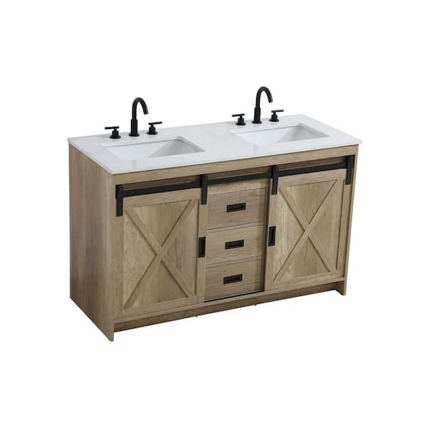 54 in. Double Sink Natural Oak Bath Vanity with White Engineered Marble Top