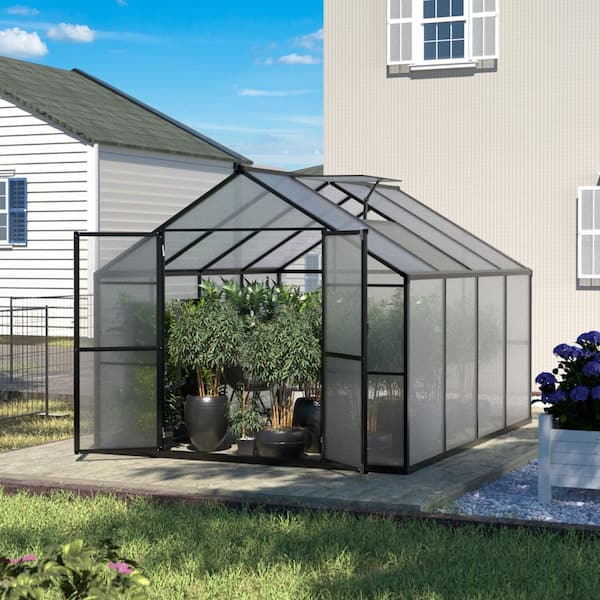 VEIKOUS 8 ft. W x 8 ft. D Polycarbonate Walk-In Greenhouse for Outdoors with Adjustable Roof Vent, Gray