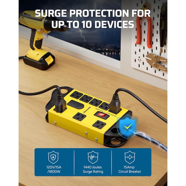 6 ft. 8-Outlets Heavy-Duty Metal Power Strip Surge Protector with 2-USB Ports, 1440 J