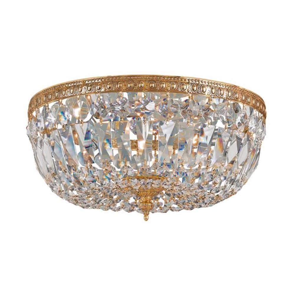 Olde Brass and Crystal 3-Light Flush Mount Ceiling Fixture