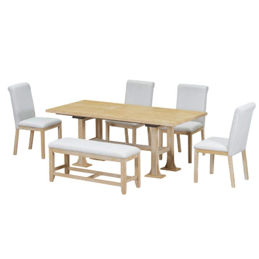 Natural 6-Piece Wood Extendable Table Outdoor Dining Set with Cushions and 