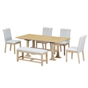 Natural 6-Piece Wood Extendable Table Outdoor Dining Set with Cushions and Upholstered Dining Chair and Bench