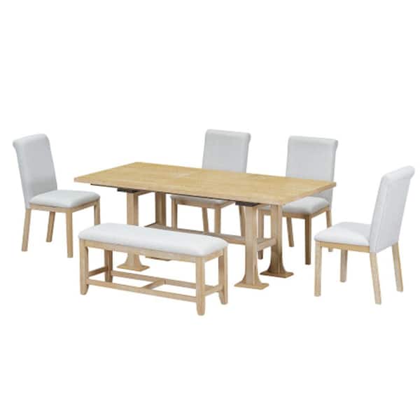 Unbranded Natural 6-Piece Wood Extendable Table Outdoor Dining Set with Cushions and Upholstered Dining Chair and Bench