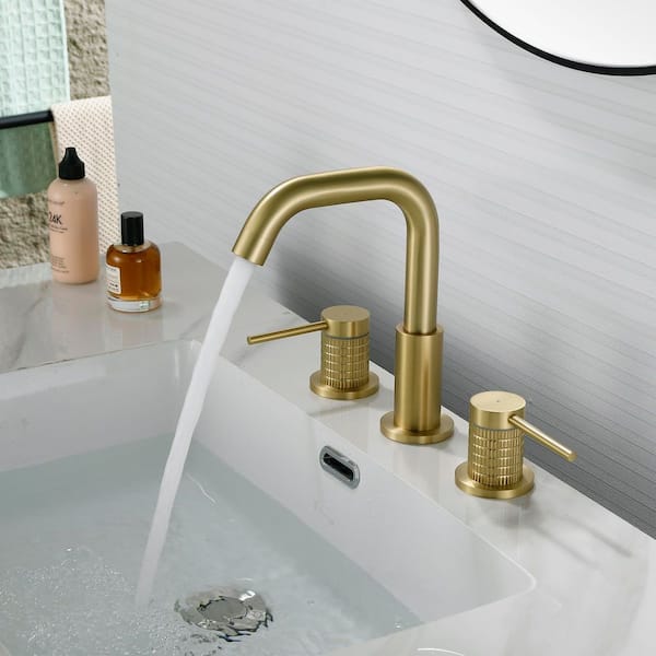 Elegant Brass 8 in. Widespread Double Handle High Arc Bathroom Sink Faucet with 24 in. Supply Lines in Gold