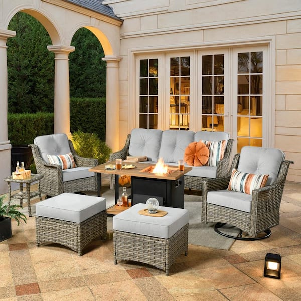 HOOOWOOO Denver 7-Piece Wicker Outdoor Patio Conversation Sofa Set with Swivel Chairs, a Storage Fire Pit and Light Grey Cushions