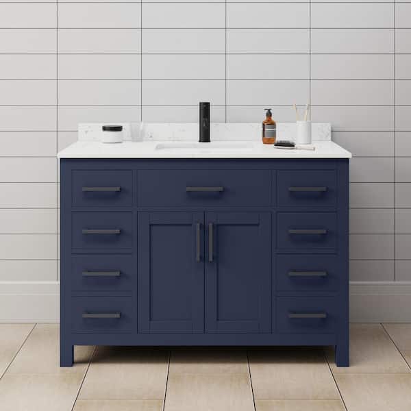 Wyndham Collection Beckett 48 in. W x 22 in. D x 35 in. H Single Sink Bathroom Vanity in Dark Blue with Carrara Cultured Marble Top