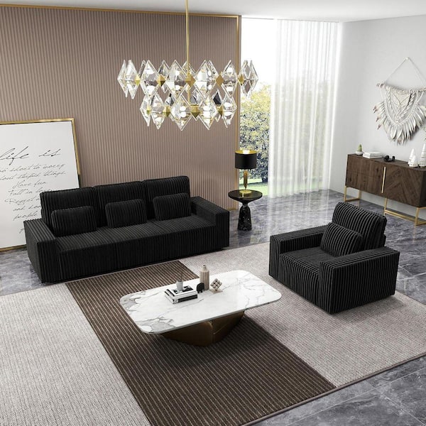 Modern 99 in. Wide Square Arms Corduroy 3-Seater Modular Sectional Sofa Couch with Pillows in Black