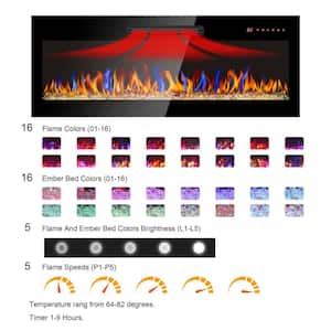 Ultrathin 60 in. W Wall Mounted Metal Electric Fireplace in Black with Tempered Glass Screen and Mixed Flames