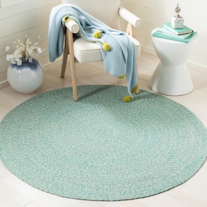 Braided Teal/Ivory 7 ft. x 7 ft. Chevron Striped Round Area Rug