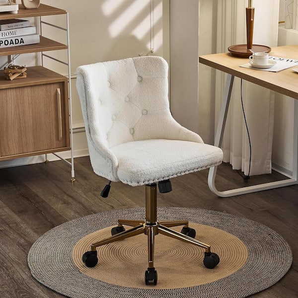 Karl home VINGLI Sheepskin Adjustable Height Drafting Chair in White with Golden Frame