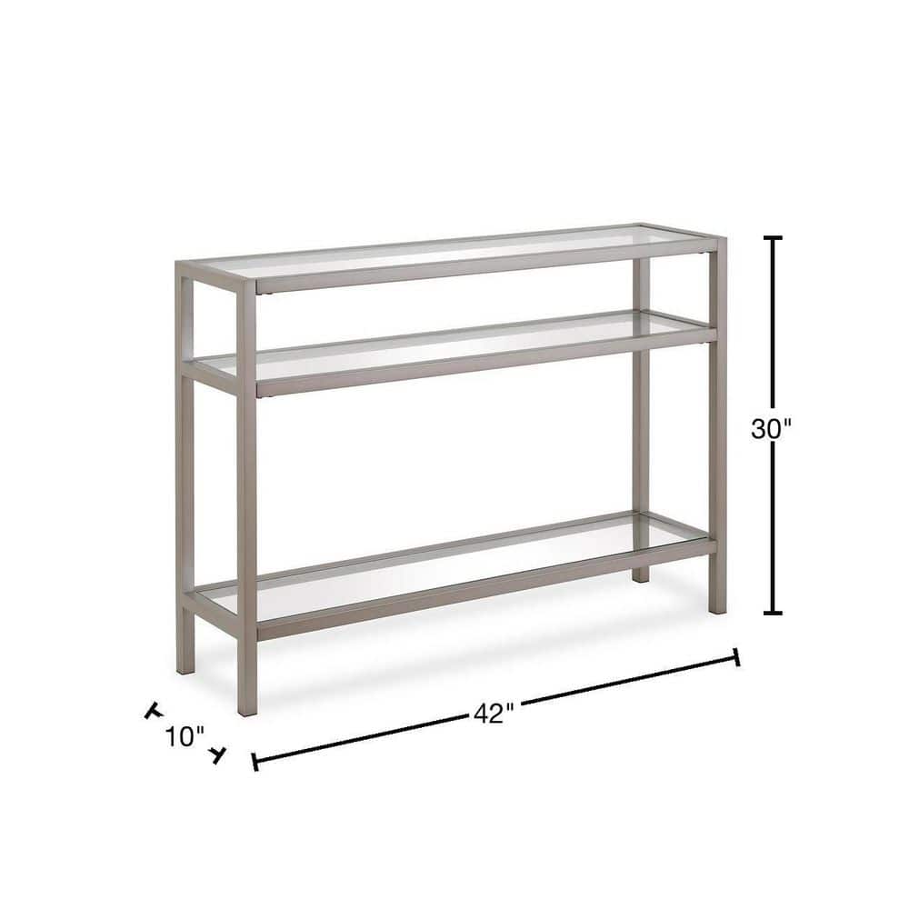 Satin Nickel Industrial Console Table with Tempered Glass Shelves
