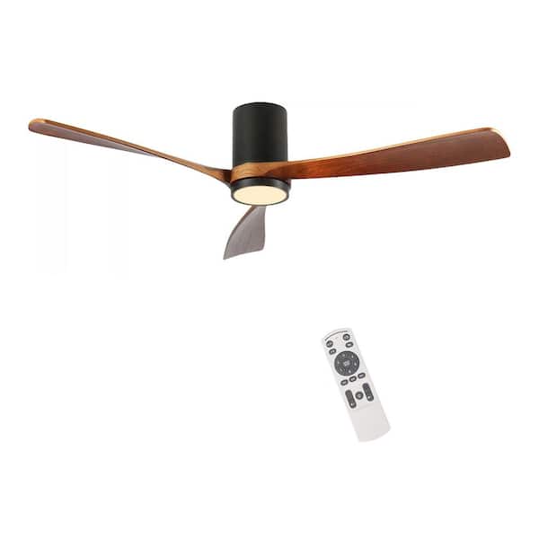 60 in. LED Flush Mount Ceiling Fan in Matte Black with Wood Blades, Indoor/Outdoor, 6-Speed DC Remote
