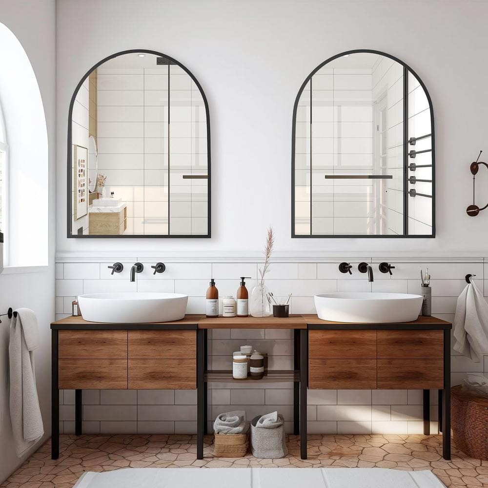 30 in. W x 40 in. H Arched Mirror for Bathroom Entryway Wall Decor Metal Fr
