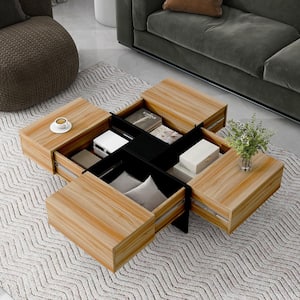 31.5 in. Brown Square Particle Board Top Coffee Table with 4 Hidden Storage Compartments and Extendable Sliding Tabletop
