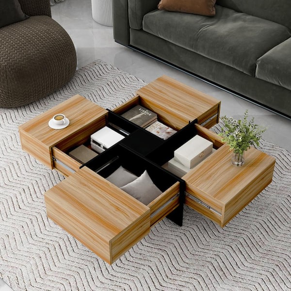 31.5 in. Brown Square Particle Board Top Coffee Table with 4 Hidden Storage Compartments and Extendable Sliding Tabletop