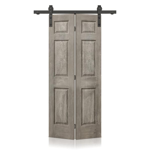 CALHOME 36 in. x 84 in. Hollow Core Vintage Gray Stain 6 Panel MDF Composite Bi-Fold Barn Door with Sliding Hardware Kit