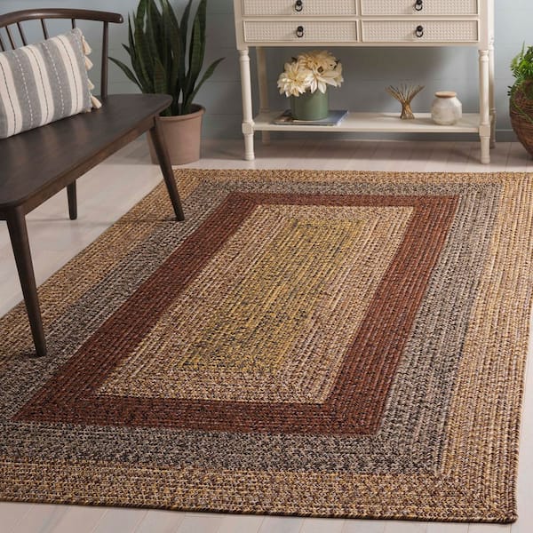 Braided Brown/Gold 8 ft. x 10 ft. Machine Washable Solid Striped Border Area Rug