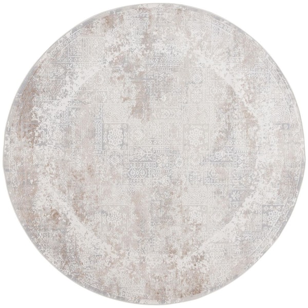 Hanna 7 ft. x 7 ft. Ivory Gray/Beige Distressed Ornate Border Round Area Rug