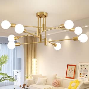8-Light Vintage Gold Linear Sputnik Chandelier for Living Room/Dining Room Kitchen Semi Flush Mount, Bulb Not Included