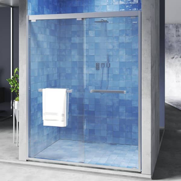 56 to 60 in. W x 76 in. H Sliding Framed Shower Door in Brushed Nickel with Clear Glass