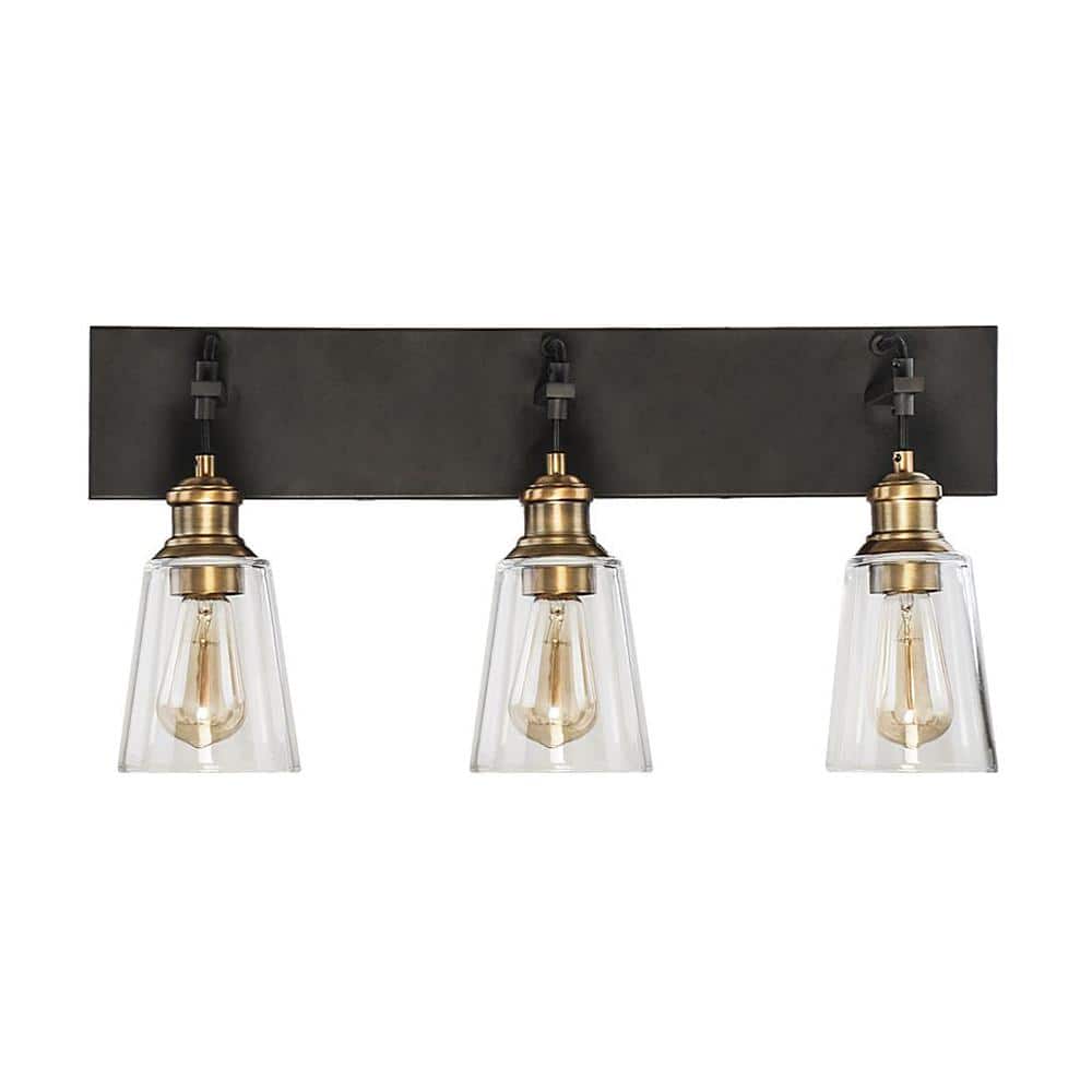 25 in. 3-Light Bronze and Antique Pewter Vanity Light with Clear Glass Shad