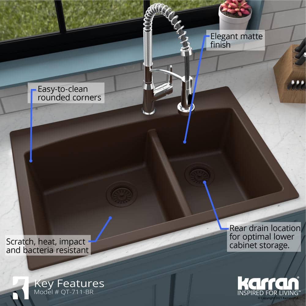 Brown Quartz Double Bowl Kitchen Sink with Rear Drain