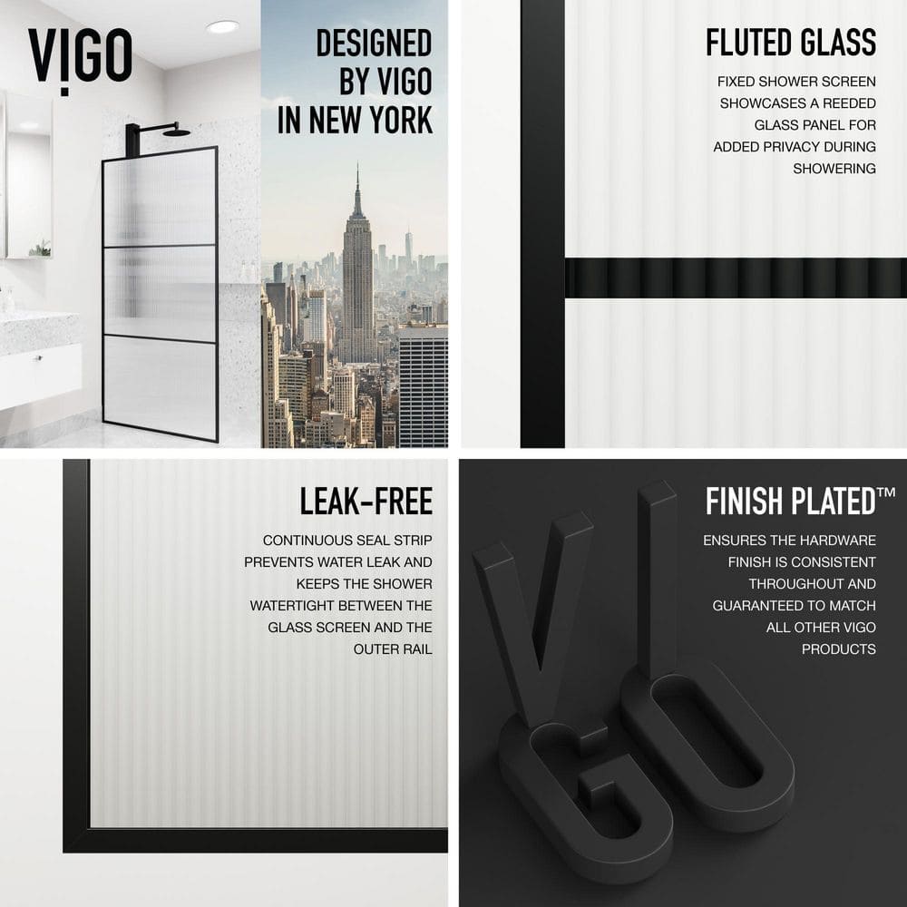 Divide 34" W x 74" H Matte Black Fluted Glass Shower Screen