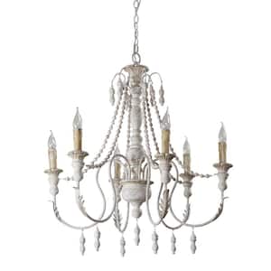 Farmhouse 6-Light Distressed White Chandelier with Wood Beaded for Living Room, Dining Room