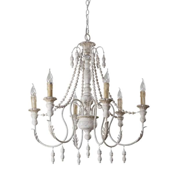 Flint Garden Farmhouse 6-Light Distressed White Chandelier with Wood Beaded for Living Room, Dining Room