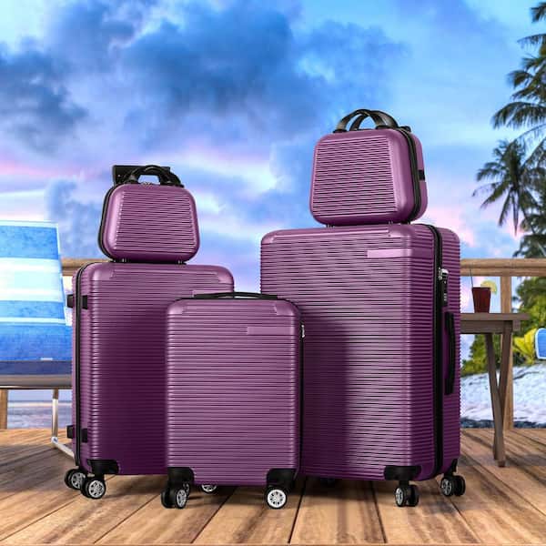 HIKOLAYAE 5-Piece Purple ABS Hardside Horizontal-Striped Luggage