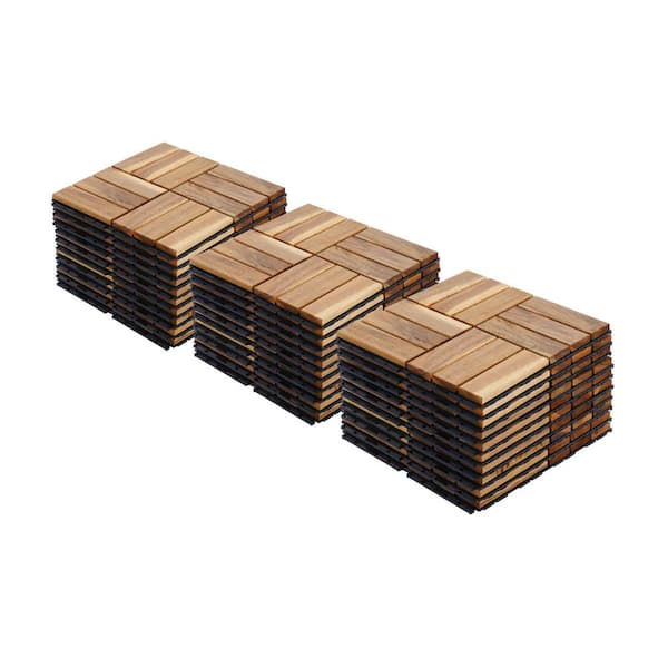 30-Pieces Interlocking Deck Tiles Checker Pattern, 1 ft. x 1 ft. Square Yellow Acacia Wood Outdoor Flooring