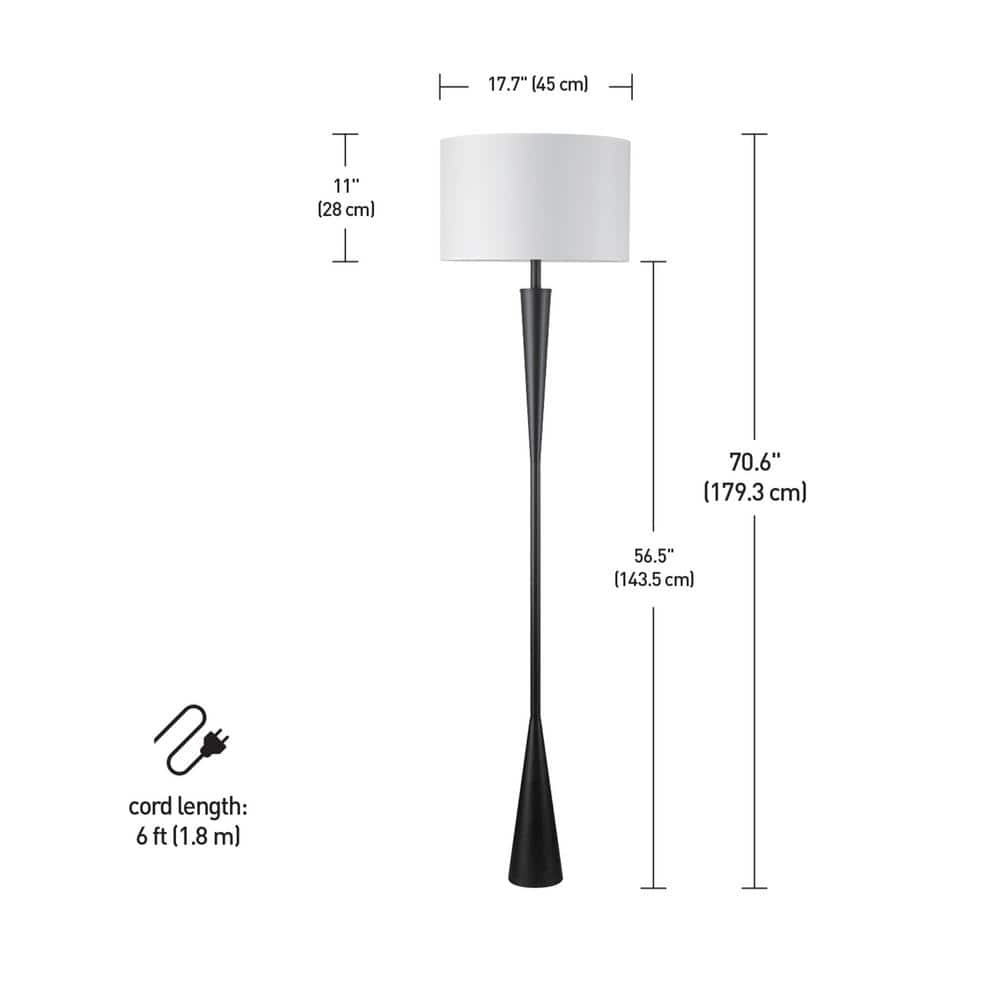 Matte Black 70" Modern Floor Lamp with White Fabric Drum Shade