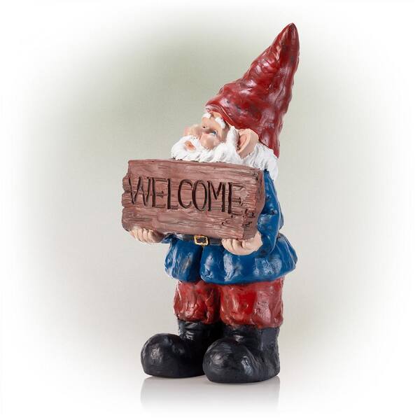 Alpine Corporation 22 in. Tall Outdoor Garden Gnome with Welcome 