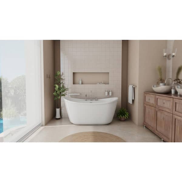 Suna 58 in. x 32 in. Soaking Non-whirlpool Freestanding Bathtub in white with Deckmount Faucet in Brushed Nickel