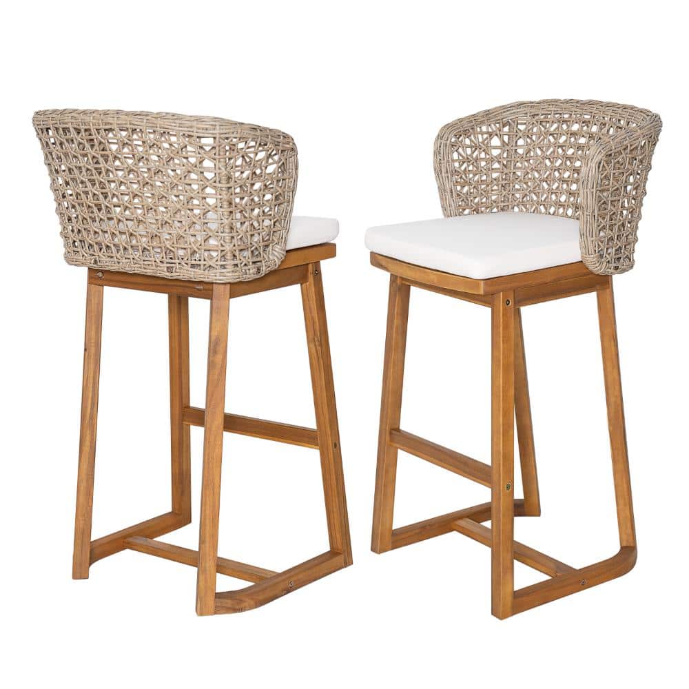 Set of 2 Outdoor Acacia Wood Bar Stools with Beige Cushion & Light Brown Wicker Back for Patio,Poolside Kitchen Island price history on PriceWatchPro