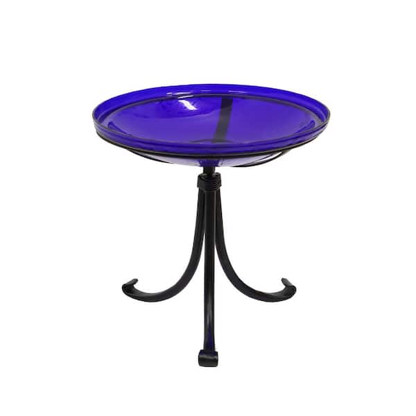 ACHLA DESIGNS 14 in. Dia Round Cobalt Blue Crackle Glass Birdbath with Black Wrought Iron Tripod Stand
