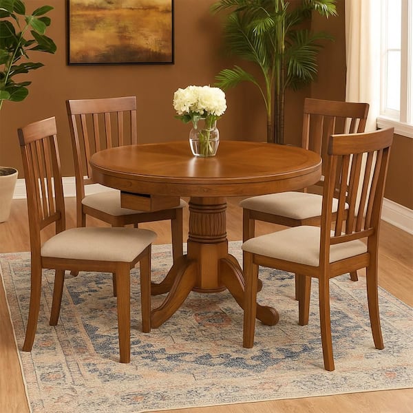 Benjara Shoy Brown and White Cultured Marble Round 54 in. Pedestal Base Dining Table Seats 3