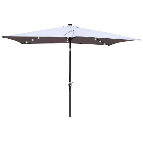 BANSA ROSE CoolSum 10 x 6.5 ft. Steel Push-Up Solar LED Lighted Patio Umbrella in Light Slate Grey with Crank and Tilt UV-Resistant