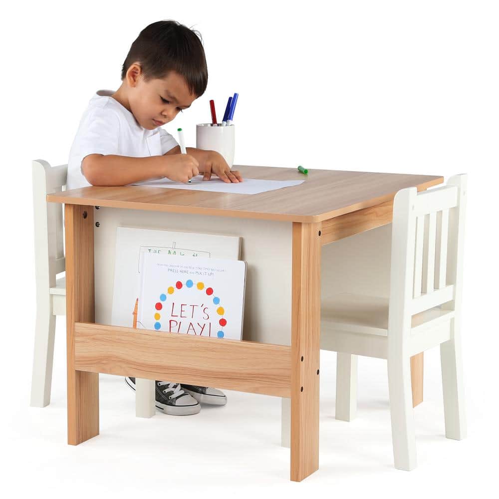 Natural and White Kids' 3-Piece Table and Book Rack Set