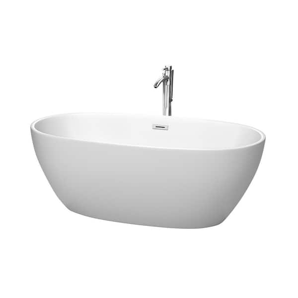 Wyndham Collection Juno 63 in. Acrylic Flatbottom Bathtub in Matte White with Polished Chrome Trim and Floor Mounted Faucet