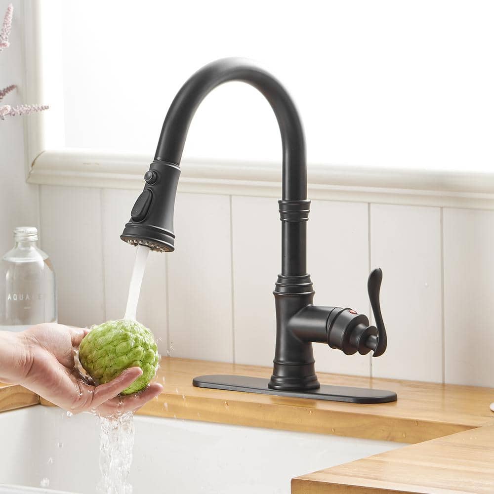 Matte Black Single-Handle Pull-Down Kitchen Faucet with Deck Plate