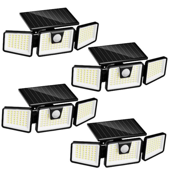8-Watt Black 3000-Lumen LED Solar Motion Sensor Security Light with 3-Adjustable Heads IP65 for Garage (4-Pack)
